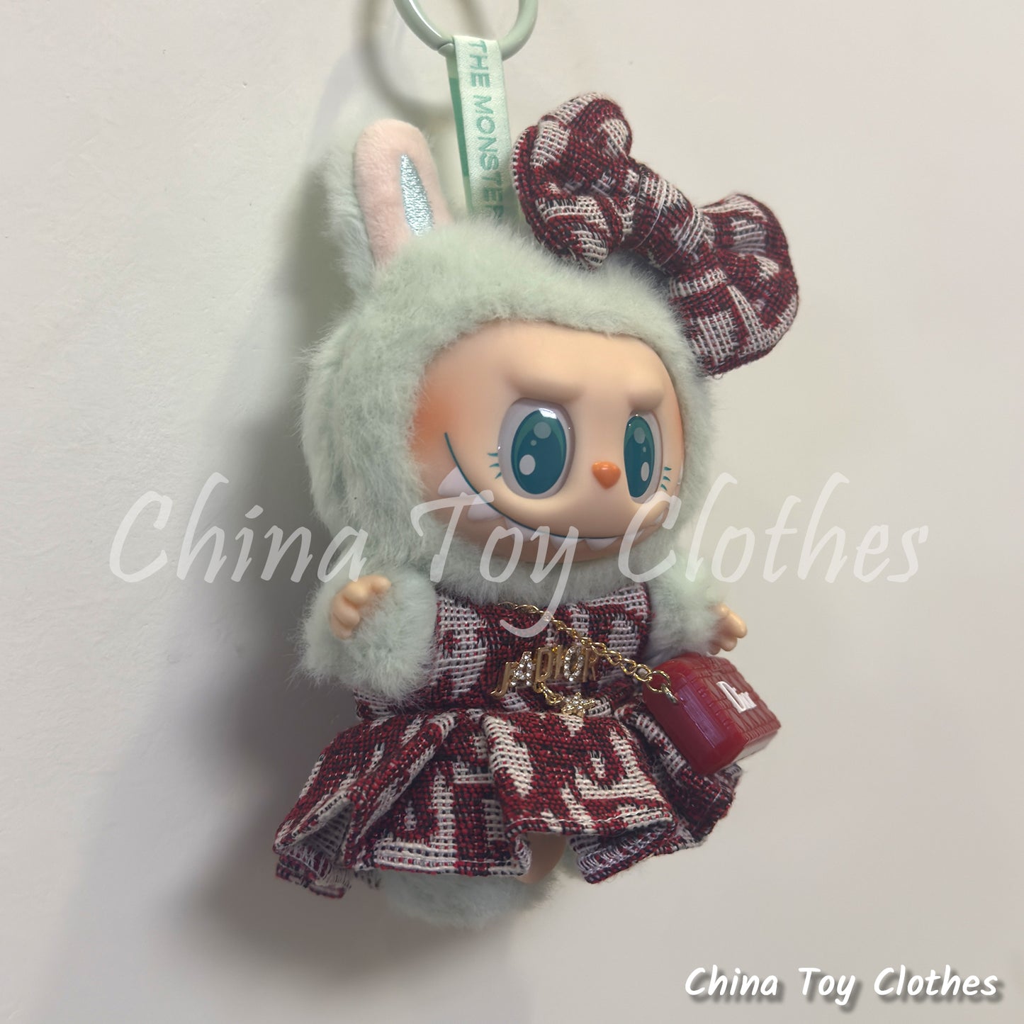 LABUBU 17cm The Monsters Plush Doll Clothes Elegant Headband and Red Skirt and Bag NO TOY