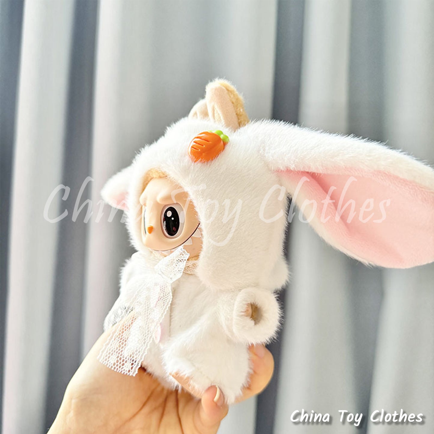 LABUBU 17cm The Monsters Plush Doll Clothes Minky White Rabbit Suit NO TOY