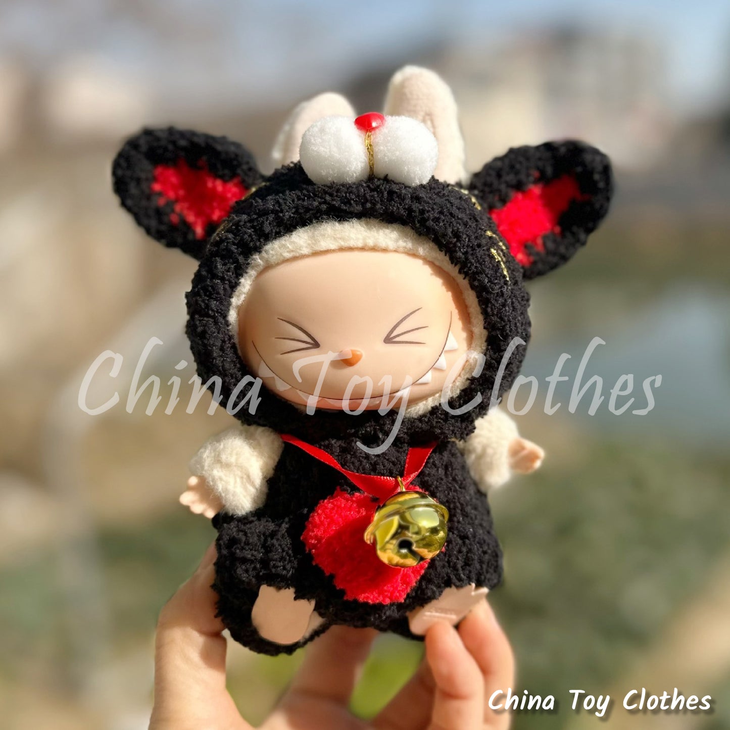 LABUBU 17cm The Monsters Plush Doll Clothes Adorable Handmade Black Beckoning Cat Outfit NO TOY