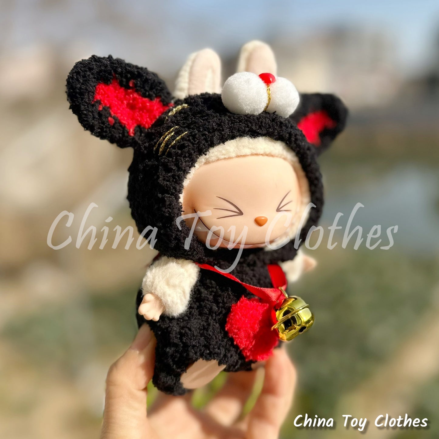 LABUBU 17cm Les Monstres Peluche Poupée Vêtements Adorable Fait Main Noir Beckoning Cat Outfit PAS DE JOUET