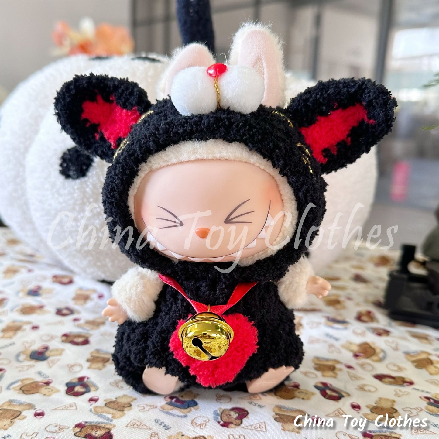 LABUBU 17cm Les Monstres Peluche Poupée Vêtements Adorable Fait Main Noir Beckoning Cat Outfit PAS DE JOUET